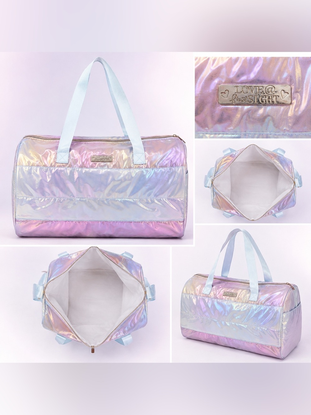 Love @ First Sight Iridescent Holographic Tote Duffel Bag Pink Blue